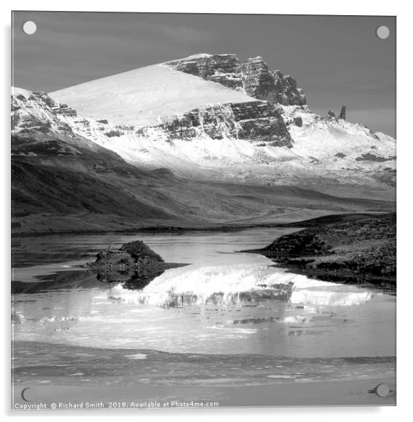 The Storr partially reflected in the Storr Lochs 2 Acrylic by Richard Smith