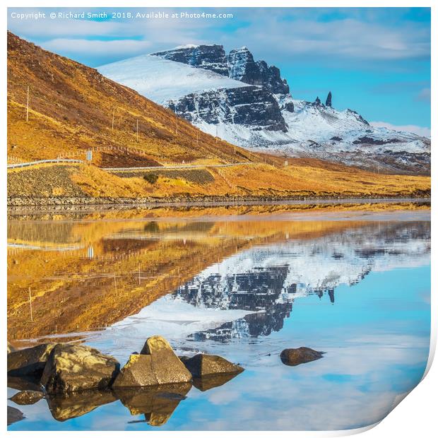 Standing in Loch Fada to photograph the Storr. Print by Richard Smith