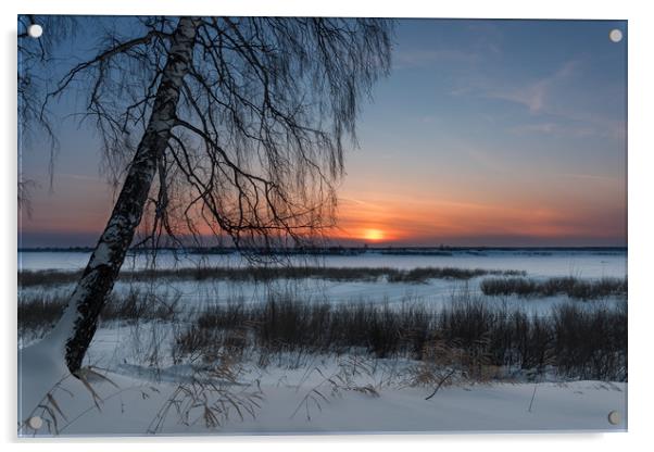 The setting sun on a frosty evening Acrylic by Dobrydnev Sergei