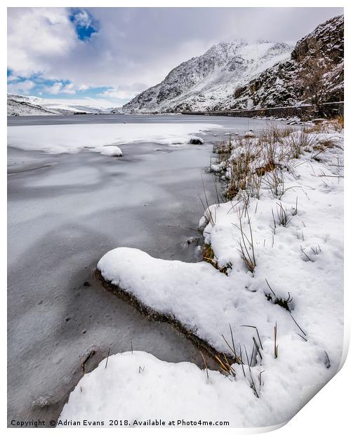 Snowfall at Ogwen Lake Snowdonia Print by Adrian Evans