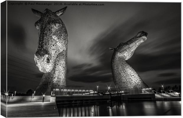  Kelpies at Night in B&W Canvas Print by Paul Messenger