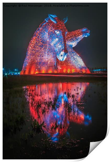    Kelpies at Sunset Reflection Print by Paul Messenger