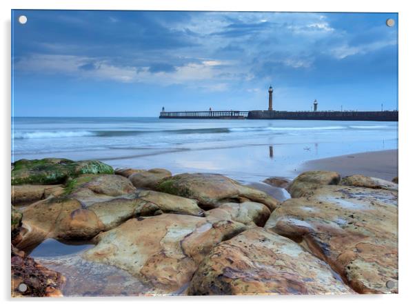 Whitby pier from the North Beach Acrylic by John Hall