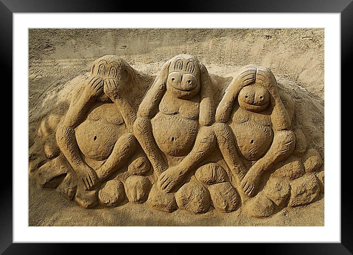 The Evocative Three Wise Monkeys Sculpture Framed Mounted Print by Luigi Petro