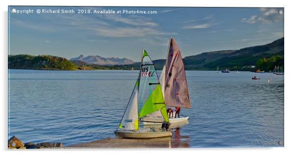 Two sailing dinghies return to the Sailing Club Acrylic by Richard Smith