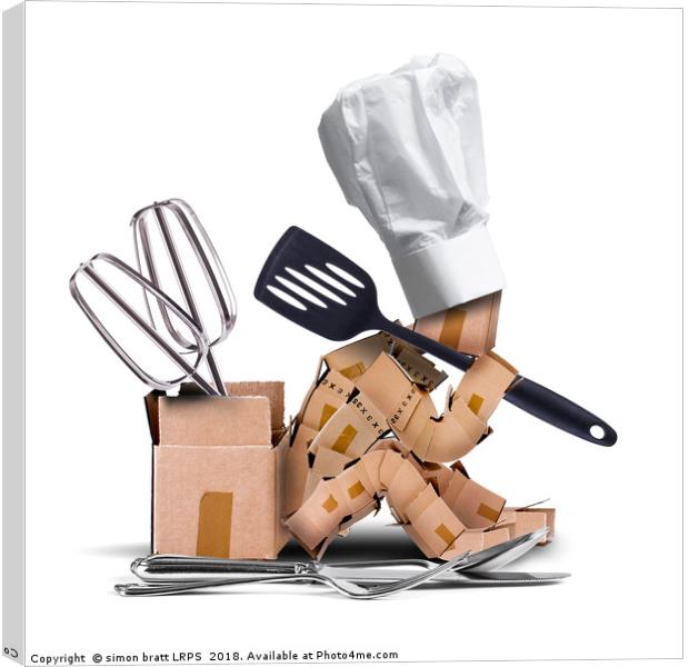 Chef character sat thinking with kitchen tools Canvas Print by Simon Bratt LRPS