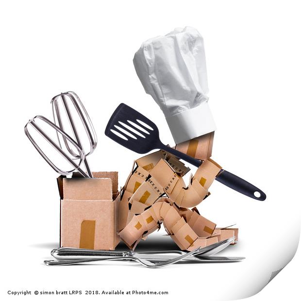 Chef character sat thinking with kitchen tools Print by Simon Bratt LRPS