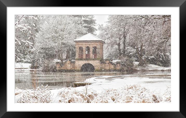 Snowfall,The Roman Boathouse ,Birkenhead park Framed Mounted Print by Rob Lester