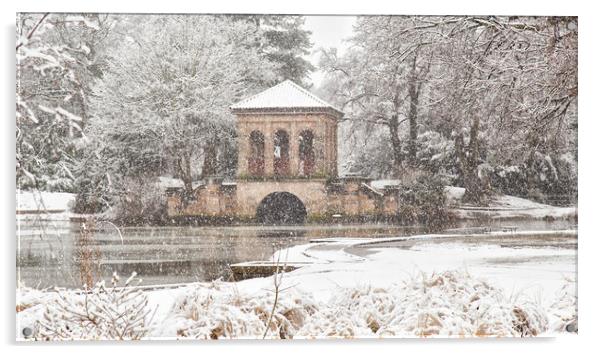 Snowfall,The Roman Boathouse ,Birkenhead park Acrylic by Rob Lester