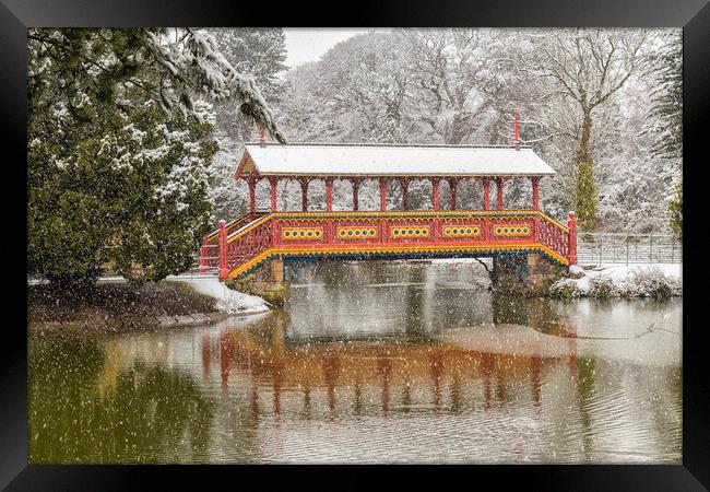 Snowfall, Swiss Bridge,Birkenhead Park Framed Print by Rob Lester