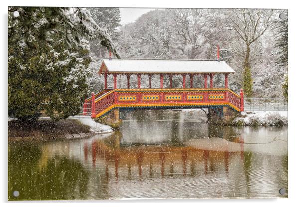 Snowfall, Swiss Bridge,Birkenhead Park Acrylic by Rob Lester