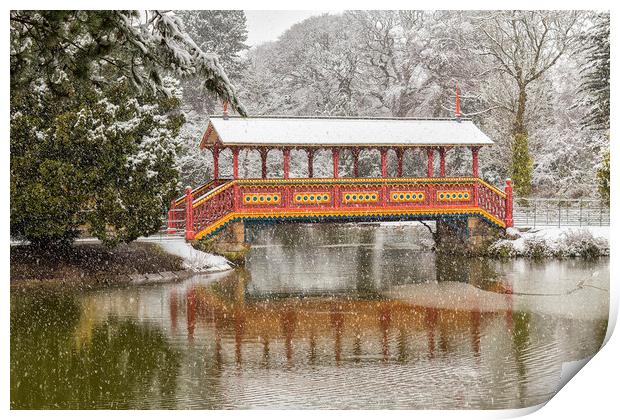Snowfall, Swiss Bridge,Birkenhead Park Print by Rob Lester