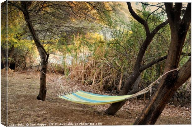 Hammock in trees on river bank Canvas Print by Sue Hoppe