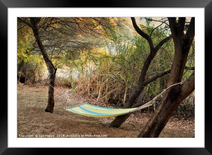 Hammock in trees on river bank Framed Mounted Print by Sue Hoppe