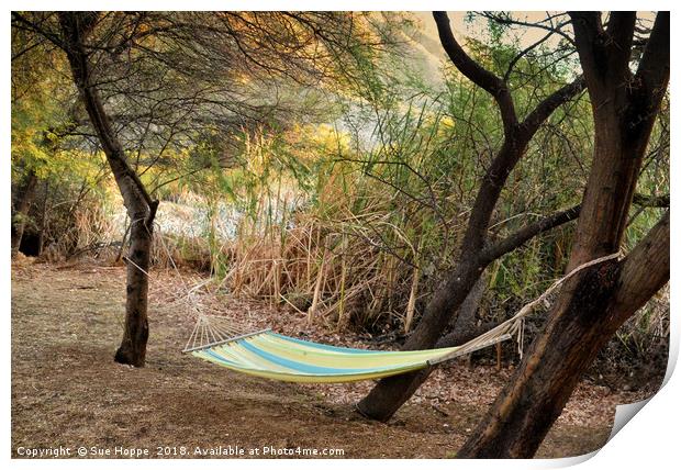 Hammock in trees on river bank Print by Sue Hoppe