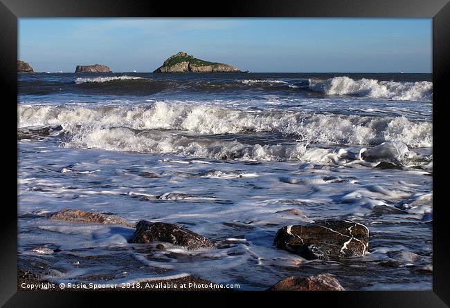 Waves roll in at Meadfoot Beach Torquay Framed Print by Rosie Spooner