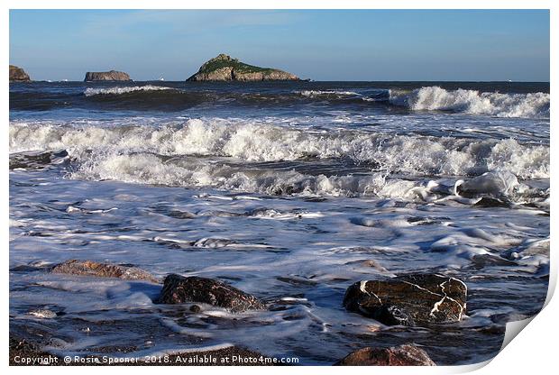 Waves roll in at Meadfoot Beach Torquay Print by Rosie Spooner