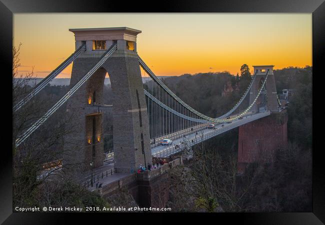 Sunset over Clifton Suspension Bridge Framed Print by Derek Hickey