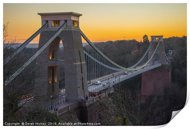Sunset over Clifton Suspension Bridge Print by Derek Hickey
