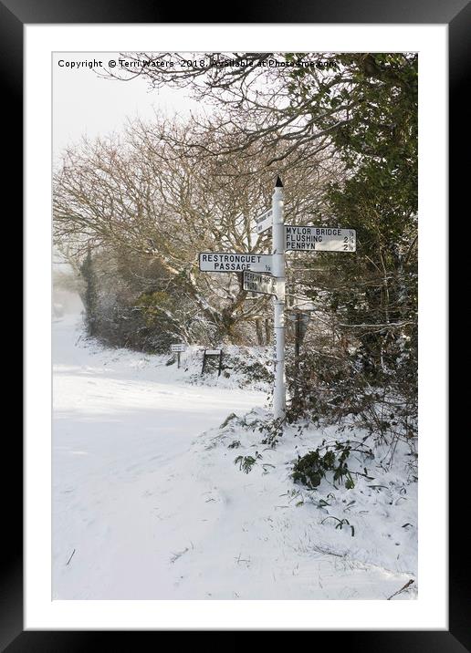 Snowy Cornish Signpost Framed Mounted Print by Terri Waters