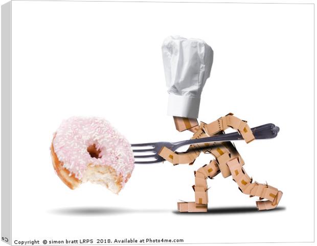 Chef box character attacking a large donut Canvas Print by Simon Bratt LRPS