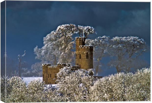 Snowy Tawstock Tower Castle Barnstaple Canvas Print by Mike Gorton