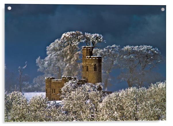 Snowy Tawstock Tower Castle Barnstaple Acrylic by Mike Gorton