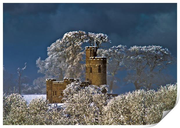Snowy Tawstock Tower Castle Barnstaple Print by Mike Gorton