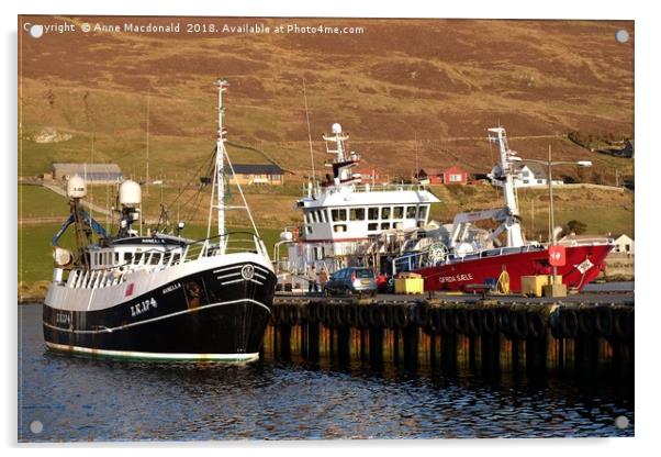 Fishing Boats Blacksness Pier, Scalloway, Shetland Acrylic by Anne Macdonald