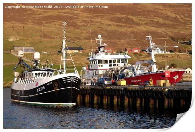 Fishing Boats Blacksness Pier, Scalloway, Shetland Print by Anne Macdonald