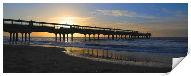 Coastal holiday perfect sunrise over pier with sea Print by Steve Mantell