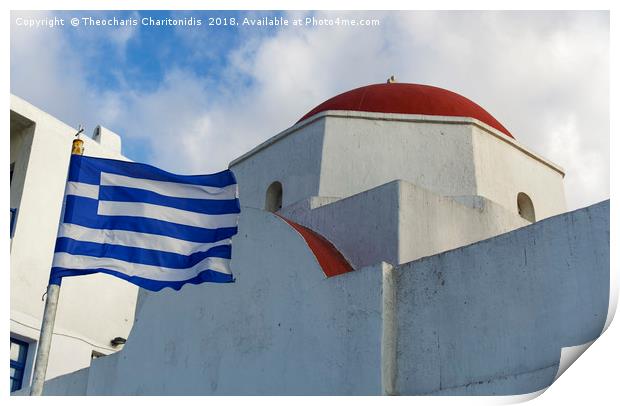 Mykonos, Greece Greek flag by whitewashed church. Print by Theocharis Charitonidis