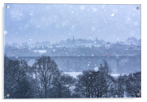 Train in a Blizzard, New Mills viaduct, Derbyshire Acrylic by John Finney