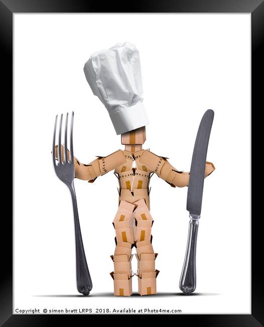Chef box man character with cutlery Framed Print by Simon Bratt LRPS
