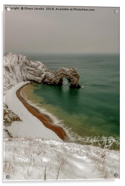 Durdle Door covered in snow  Acrylic by Shaun Jacobs
