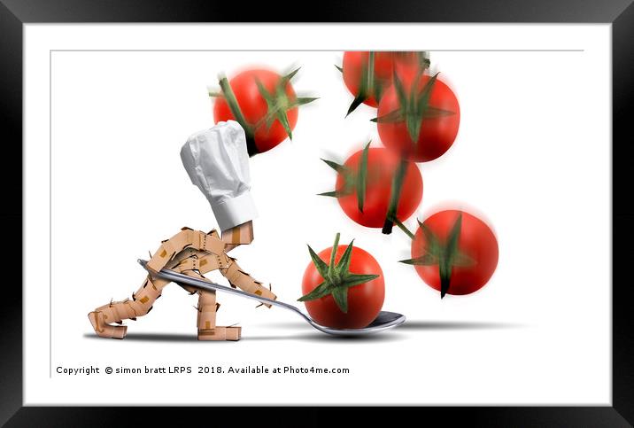 Cute chef box character catching tomatoes Framed Mounted Print by Simon Bratt LRPS
