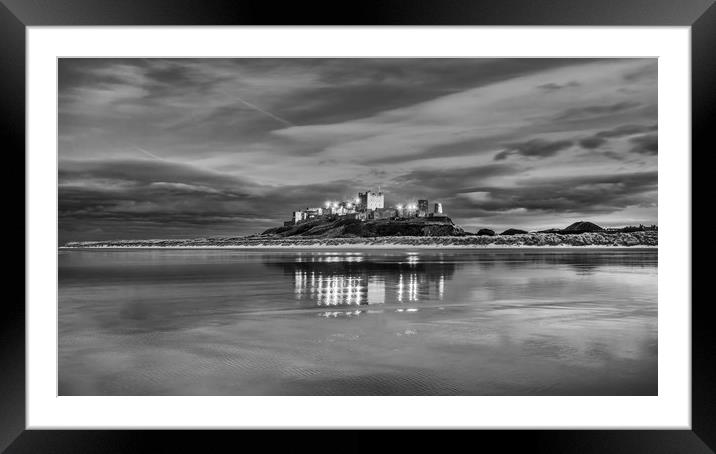 Bamburgh Castle Reflections in Mono Framed Mounted Print by Naylor's Photography