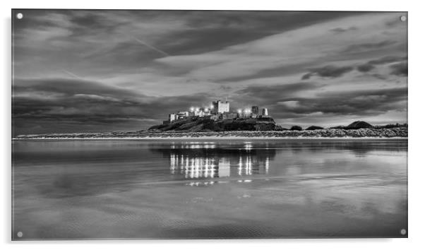 Bamburgh Castle Reflections in Mono Acrylic by Naylor's Photography