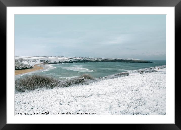 Snow over Pentire and Crantock Beach Framed Mounted Print by Diane Griffiths