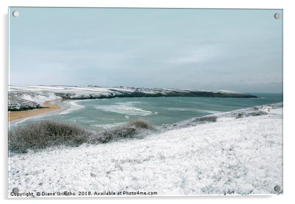 Snow over Pentire and Crantock Beach Acrylic by Diane Griffiths