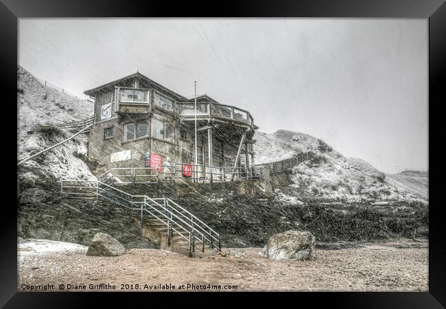 Sea Spray Fistral during Snow Storm Framed Print by Diane Griffiths