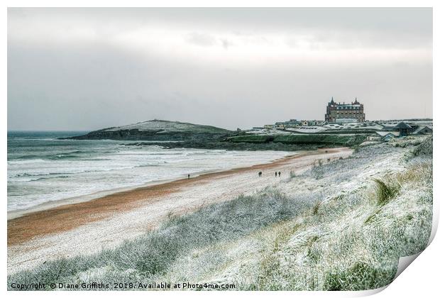 Fistral Beach under Snow Print by Diane Griffiths