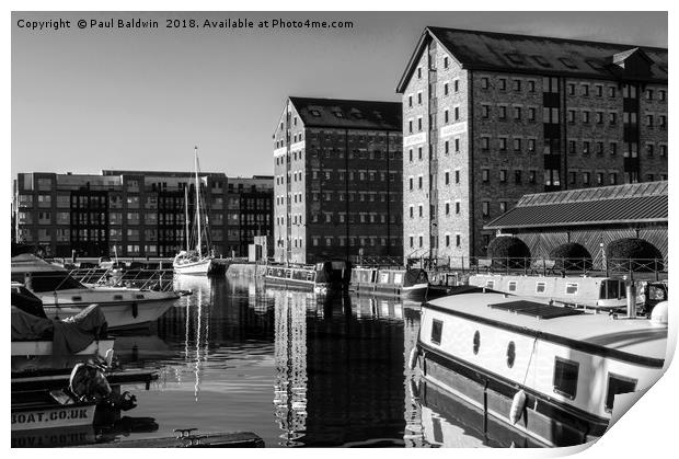 Black and White Reflections at Gloucester Docks Print by Paul Baldwin