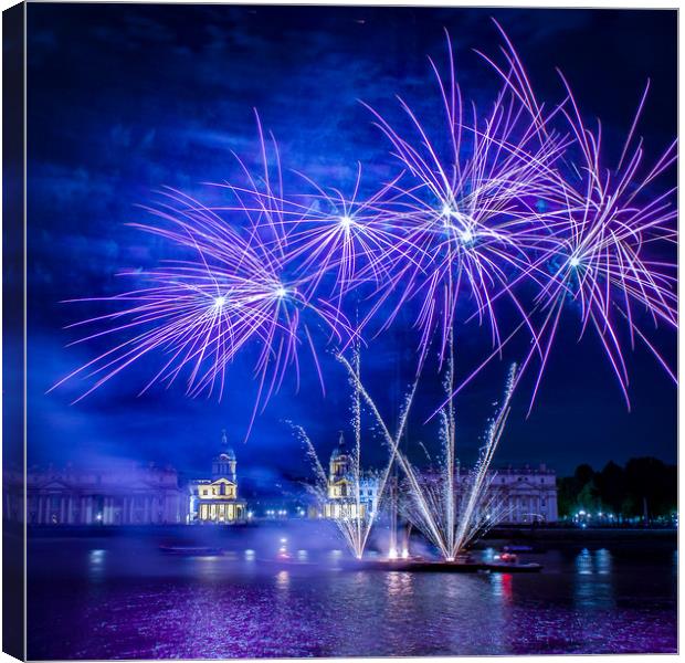 Fireworks on the Thames at Greenwich Canvas Print by Simon Belcher