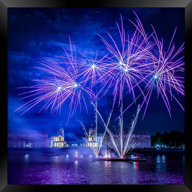 Fireworks on the Thames at Greenwich Framed Print by Simon Belcher