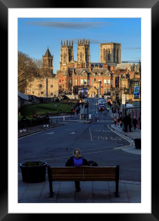 Bench with a view, York Minster, Yorkshire England Framed Mounted Print by John Hall
