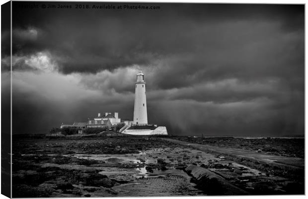 St Mary's Lighthouse and Island in B&W Canvas Print by Jim Jones