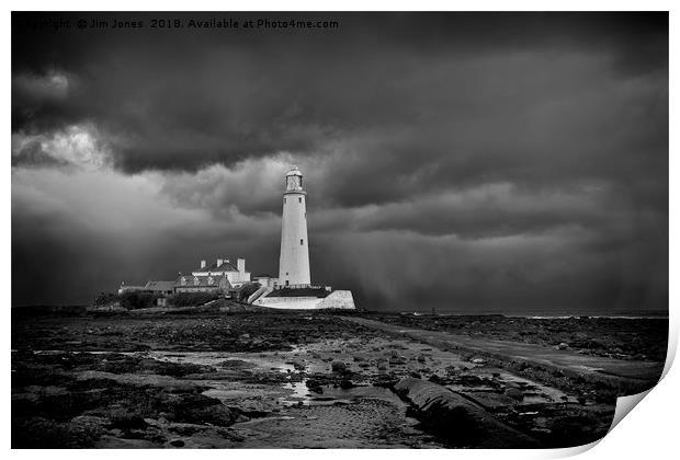St Mary's Lighthouse and Island in B&W Print by Jim Jones