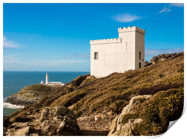 Elin's Tower and South Stack Lighthouse, Anglesey. Print by Colin Allen