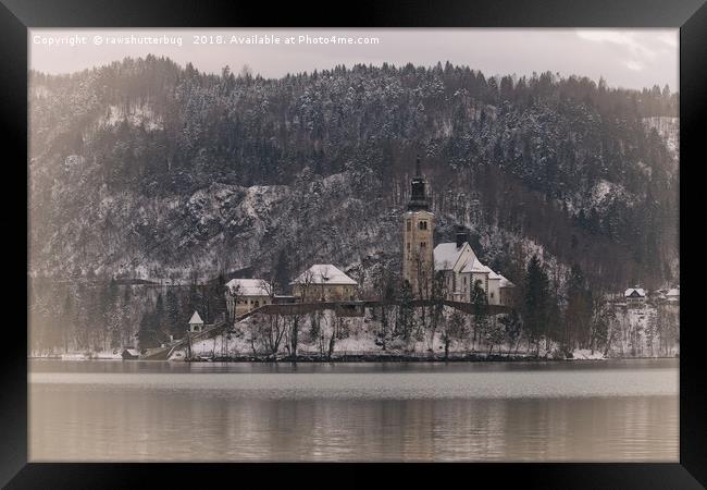 Bled Island Dusted With Snow Framed Print by rawshutterbug 